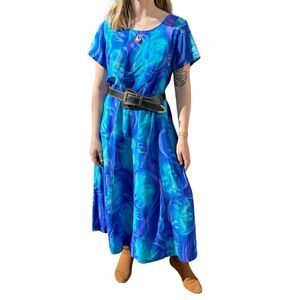 Vintage 90s Womens 100% Silk Blue Tie Dye Maxi Scoop Neck Boho Beach Dress Sz L